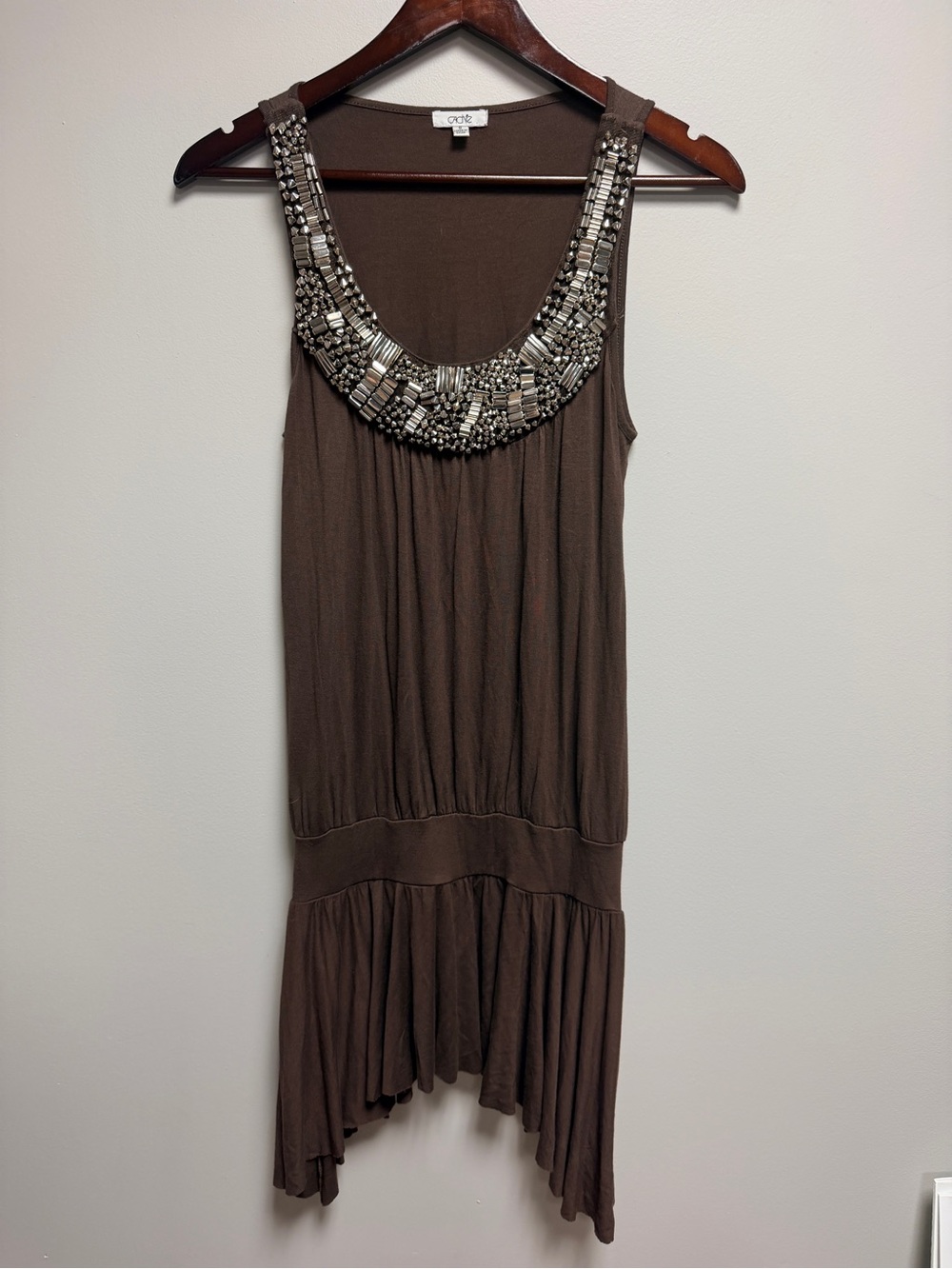 vintage y2k Cache Brown Embellished Scoop Neck Mini Dress
